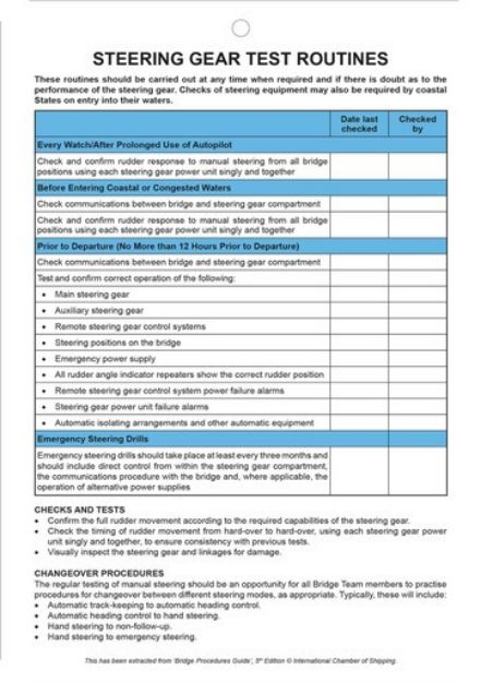 Steering Gear Test Routines & Checklist Card